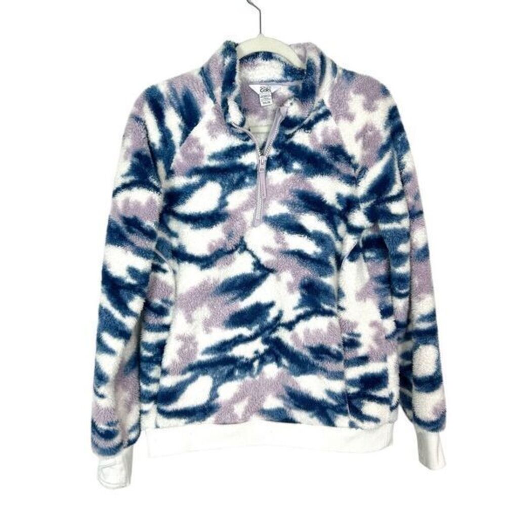 Athleta Girl XXL So Snug Sherpa half zip Sweater Purple Blue White Camo Fuzzy 16